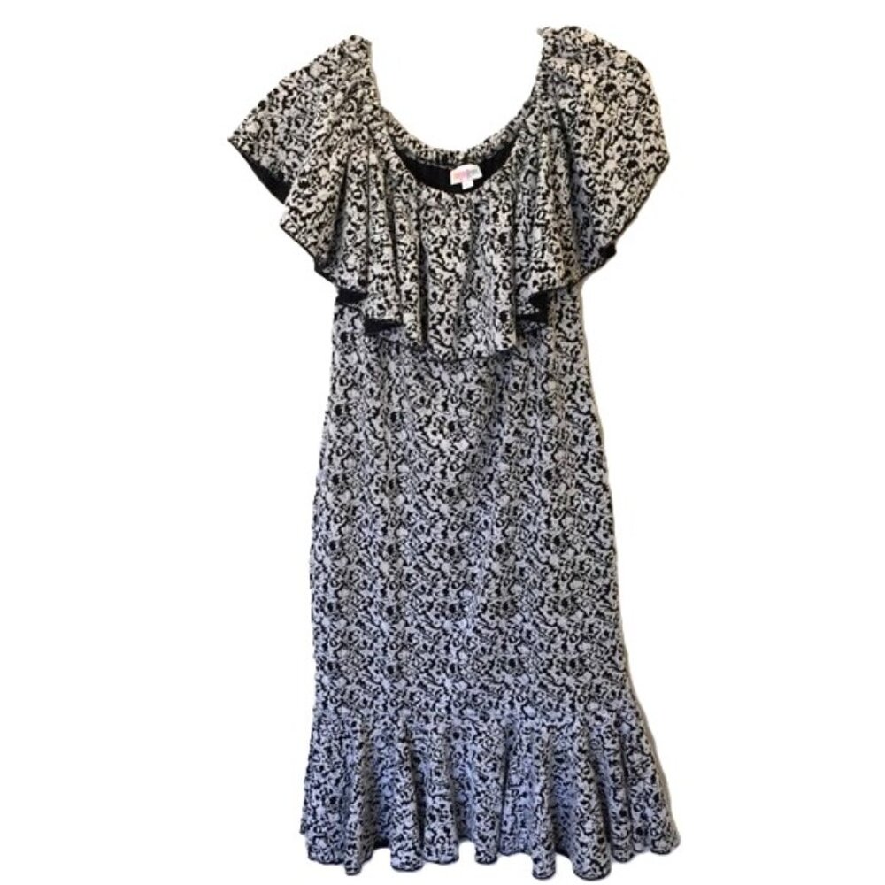 LuLaRoe Cici Dress Large Bodycon Ruffle Flounce Bohemian Artsy Black White - Picture 2 of 4
